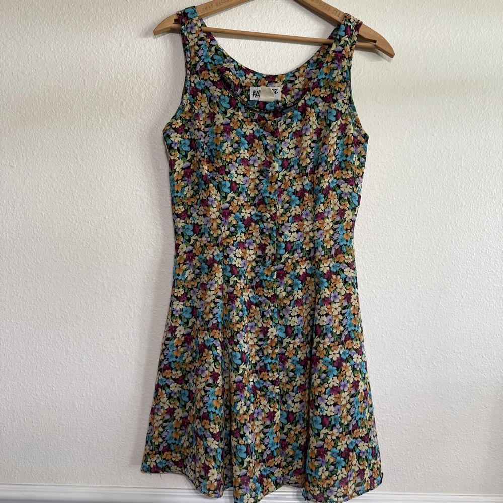Alyn Paige Skater Dress Womens Floral Mini Tie Up Back Scoop Neck Sleeveless 90s
